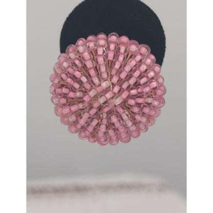 Vintage Pink Seed Bead Clip-On Button Earrings Mid-Century Glamour