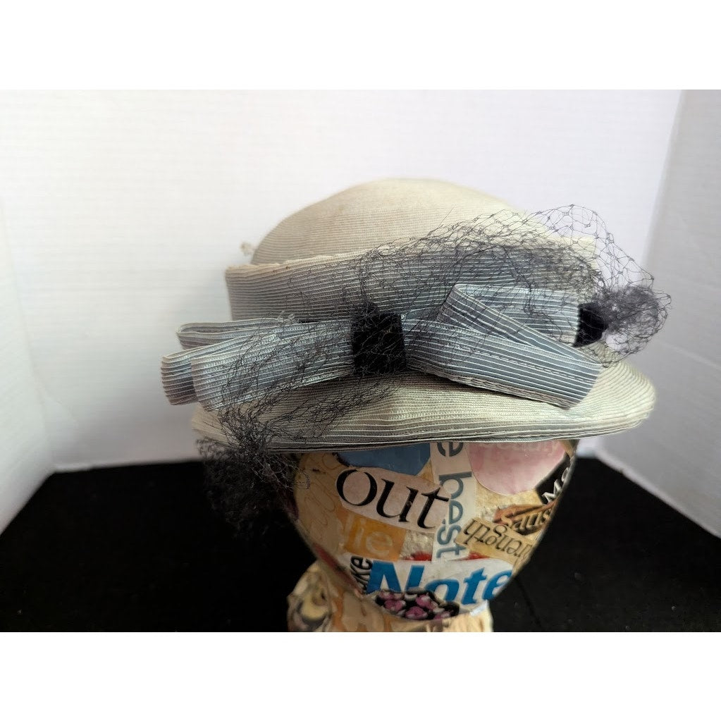 Vintage 40s 50s The Rhodes Hat Pale Blue Grey Pillbox Birdcage Veil Bow