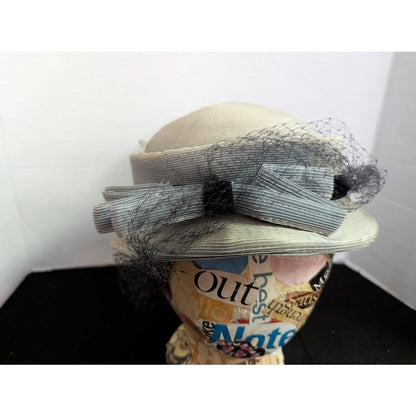 Vintage 40s 50s The Rhodes Hat Pale Blue Grey Pillbox Birdcage Veil Bow