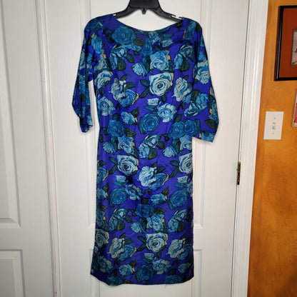 Vintage 50s taffeta dress blue floral 3/4 sleeve wiggle Mad Tv cocktail Medium