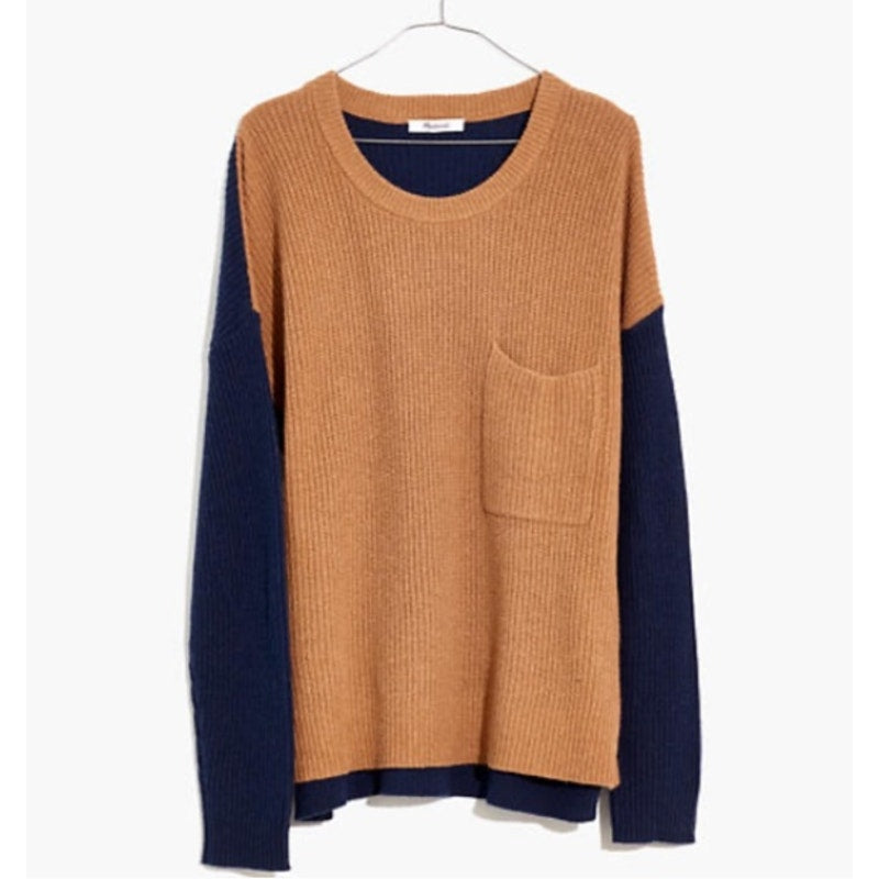 Madewell Thompson Pocket Pullover Sweater Colorblock Navy/Brown Long Sleeve XS