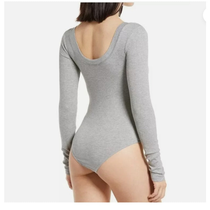 Lulus Simply The Best Henley Bodysuit, Size Small Grey Long Sleeve Full coverage