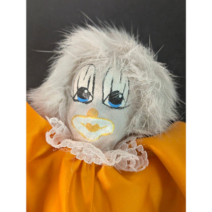 Vintage Porcelain Clown Doll Yellow Satin Jumpsuit White Faux Fur Hair