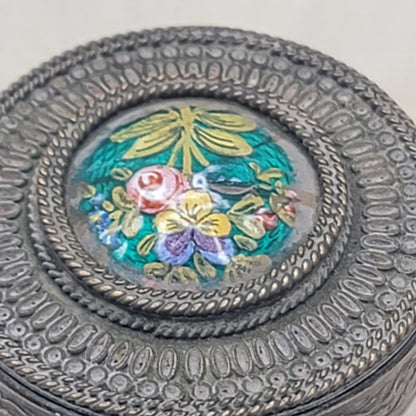 Antique French Filigree Metal & Guilloché Floral Enamel Box boudoir Pill snuff