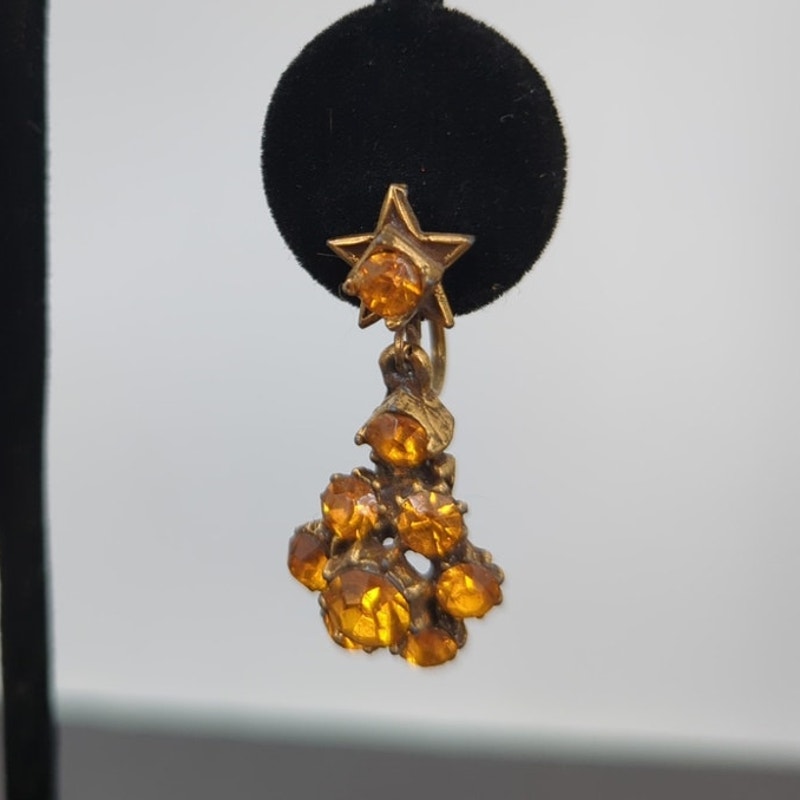 Celestial Vintage Star Amber Rhinestone Chandelier Dangle Screw Back Earrings