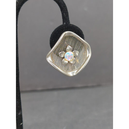 Vintage Silver Tone Mesh Oval Square Opalescent Flower Clip On Earrings Retro