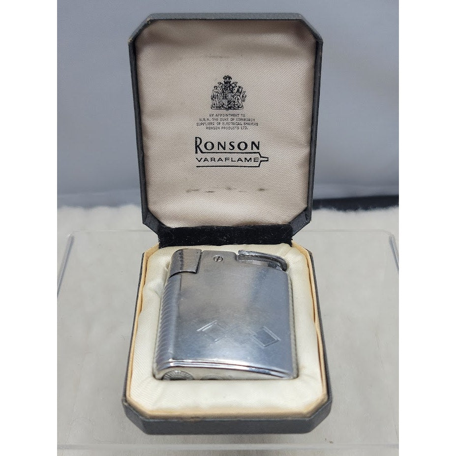 Vintage Ronson Varaflame Butane Lighter Silver Engraved Mid-Century Modern Box