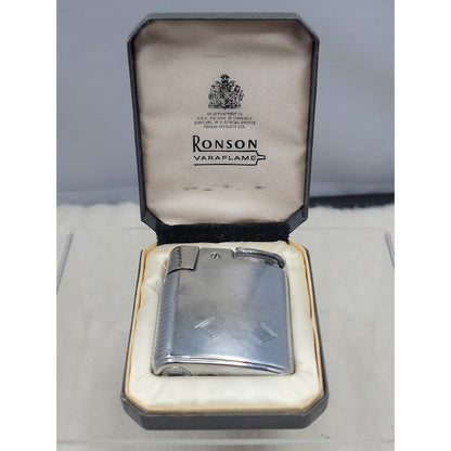 Vintage Ronson Varaflame Butane Lighter Silver Engraved Mid-Century Modern Box