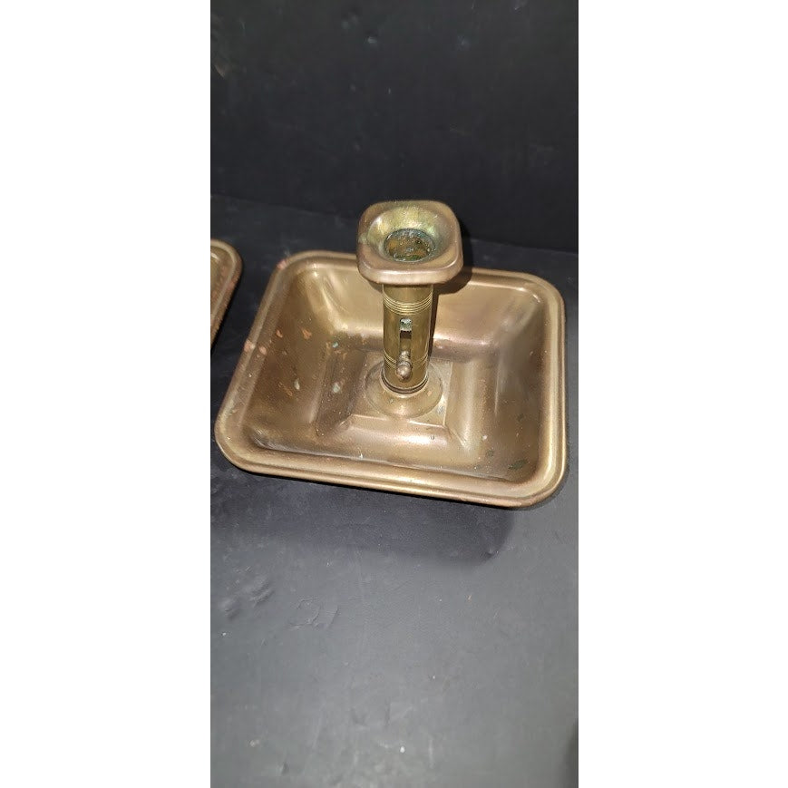PAIR Beautiful Antique Brass Candle Holder With Wax Reservoir and handle Push Up