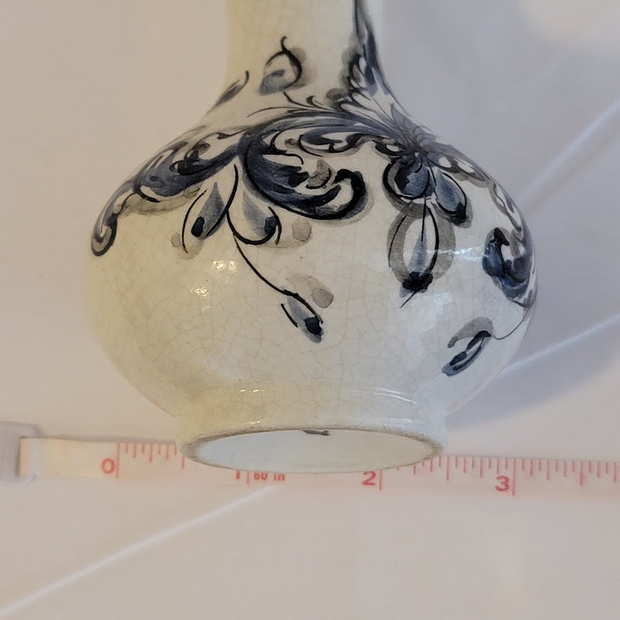 Handpainted Portugal vase blue white floral crackle underglaze 6.5"