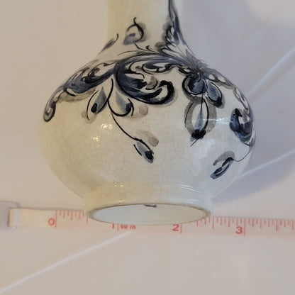 Handpainted Portugal vase blue white floral crackle underglaze 6.5"