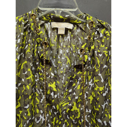 ichael Kors Citron Green Grey Abstract Print Sleeveless Tie Neck Blouse XS Class