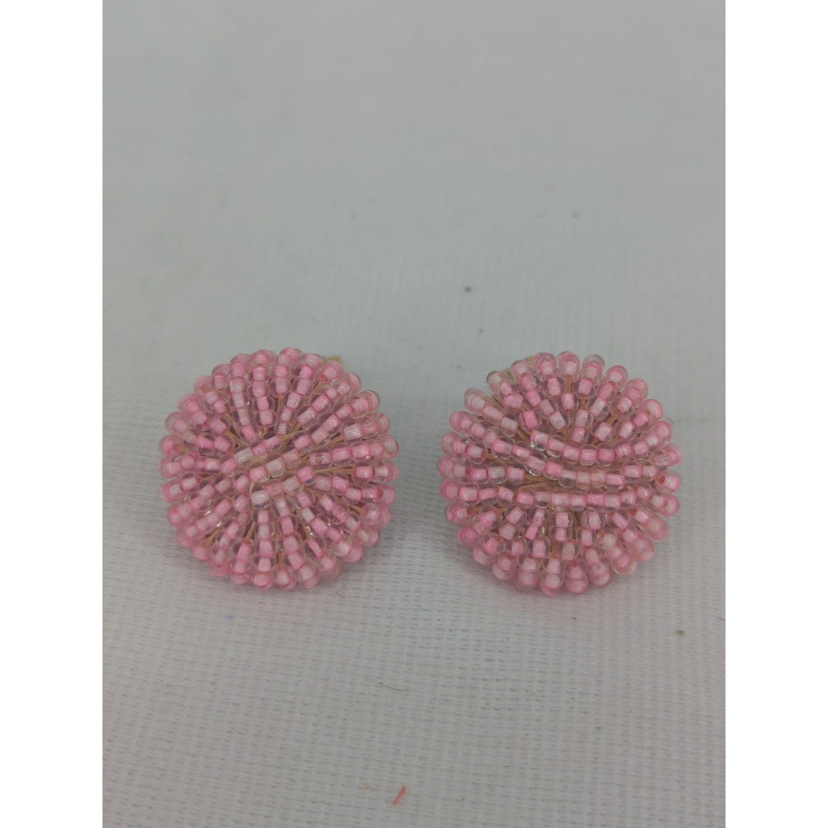 Vintage Pink Seed Bead Clip-On Button Earrings Mid-Century Glamour