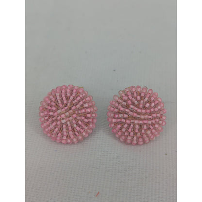 Vintage Pink Seed Bead Clip-On Button Earrings Mid-Century Glamour