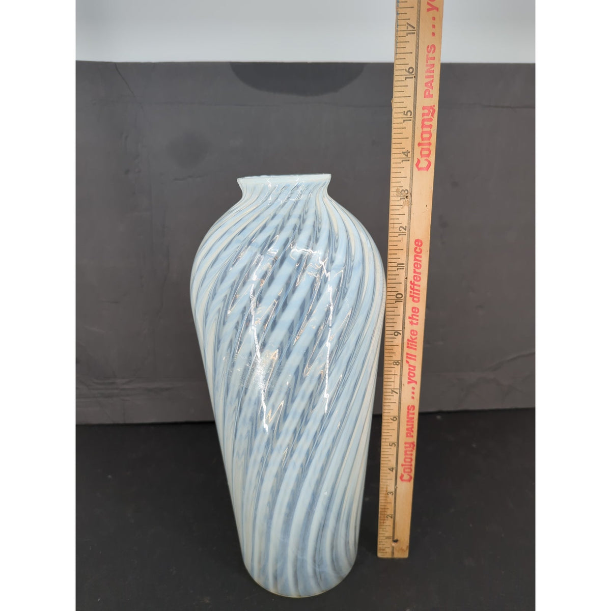 Vetro Murano Style White Swirl Art Glass Vase 14" Stripe Fluted Rim Delicate