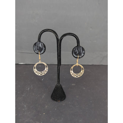 Gold Tone Openwork Filigree Circular Hoop Dangle Earrings