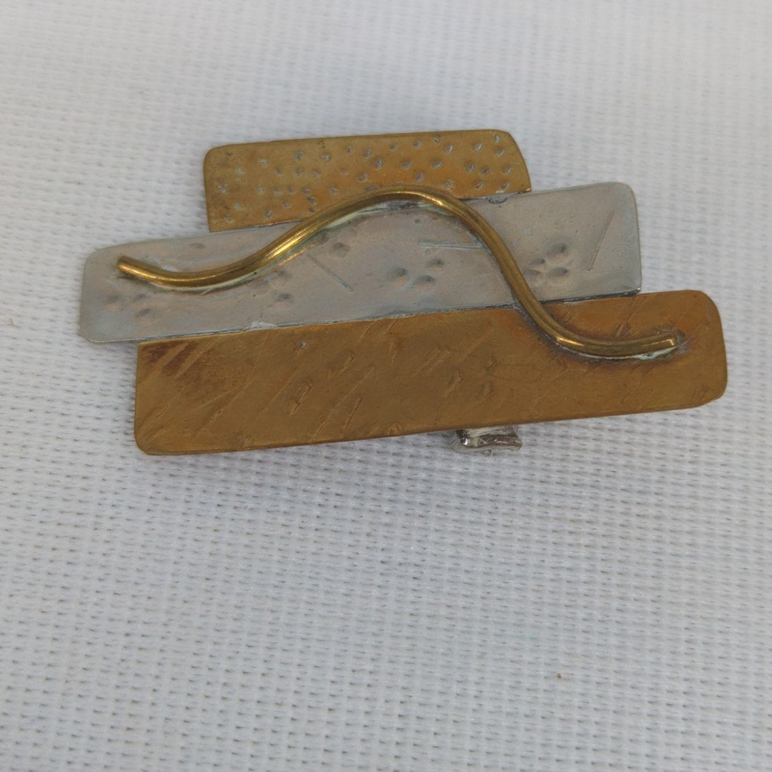 Vintage Handmade Mixed Metal Brutalist Brooch Pin Hammered Silver Copper Bronze