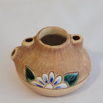 Vintage double sided Studio Pottery Mini Flower Frog Bud Vase Floral Signed 4"