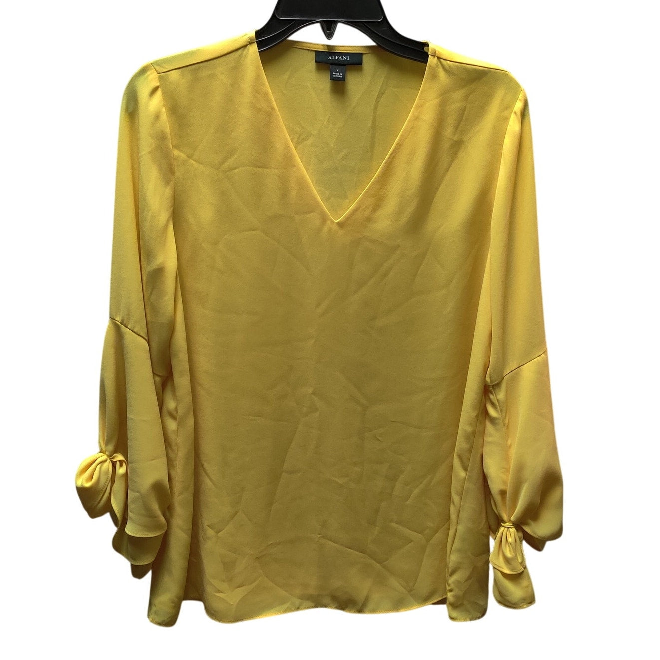 Alfani Yellow V-Neck Tie Sleeve Blouse Chic Casual career Wear Top Size Small