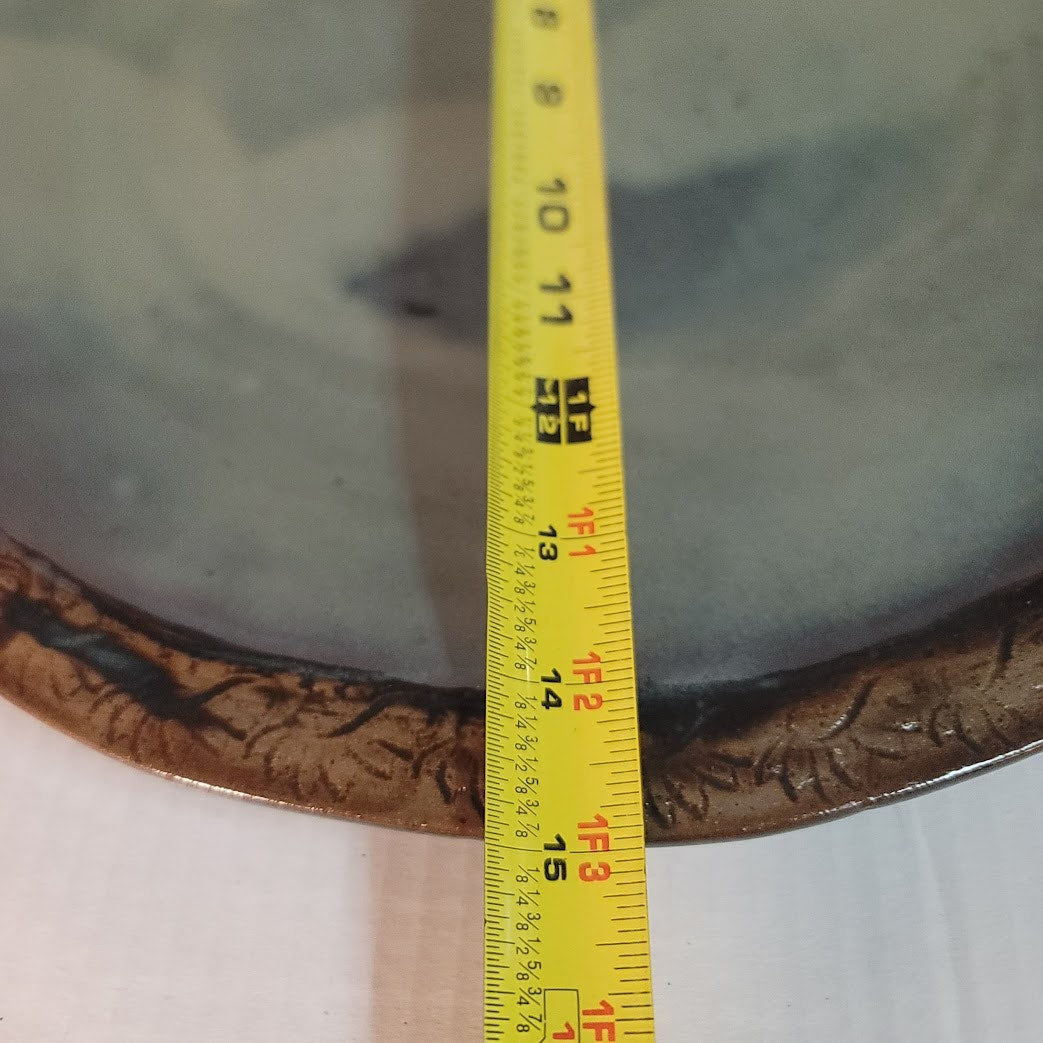 Handmade Studio Pottery Platter 15" Round Etched Rim Earthy Glaze Stoneware