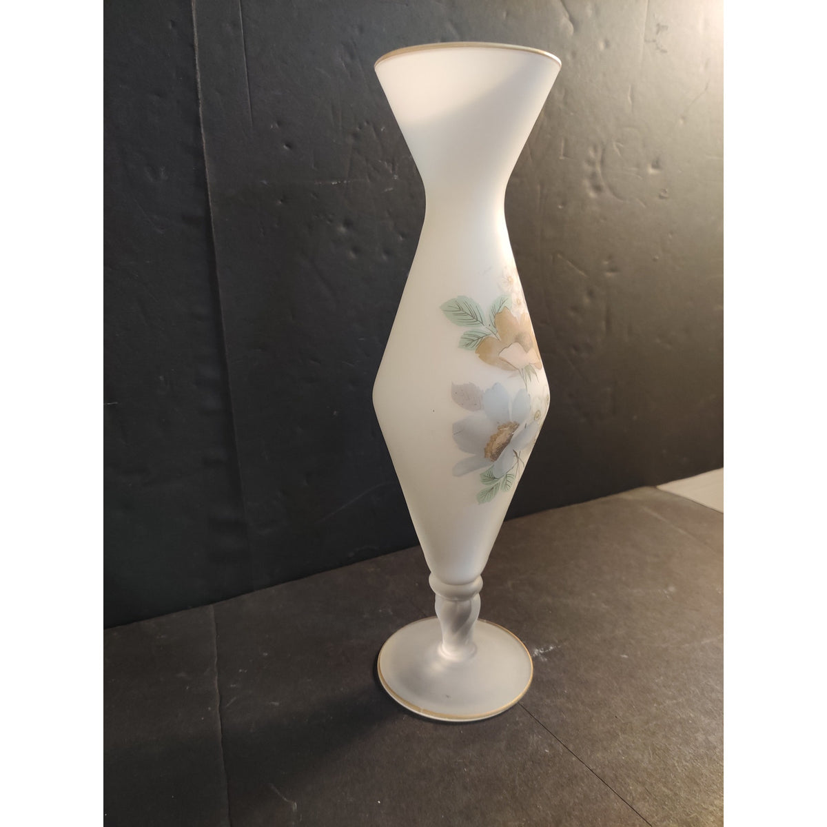 Vintage Frosted Satin Glass Hand Painted Floral Bud Vase Gold Trim
