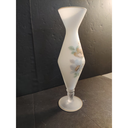 Vintage Frosted Satin Glass Hand Painted Floral Bud Vase Gold Trim