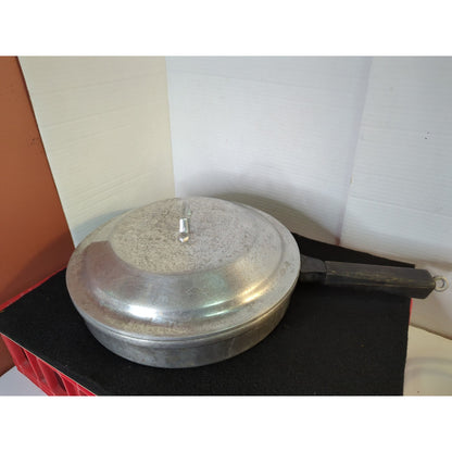 Vintage Aluminum Skillet Fry Pan with Matching Lid and Wood Handle