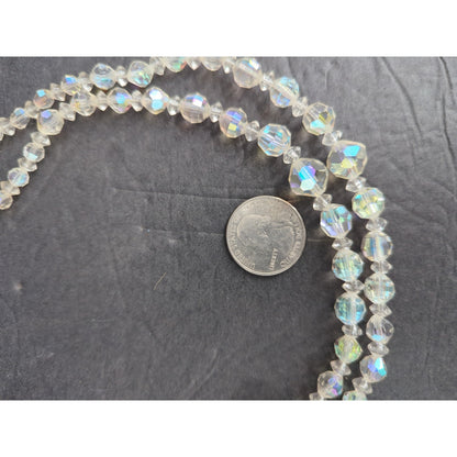 Vintage Double Strand Clear Aurora Borealis Crystal Bead Layered Necklace