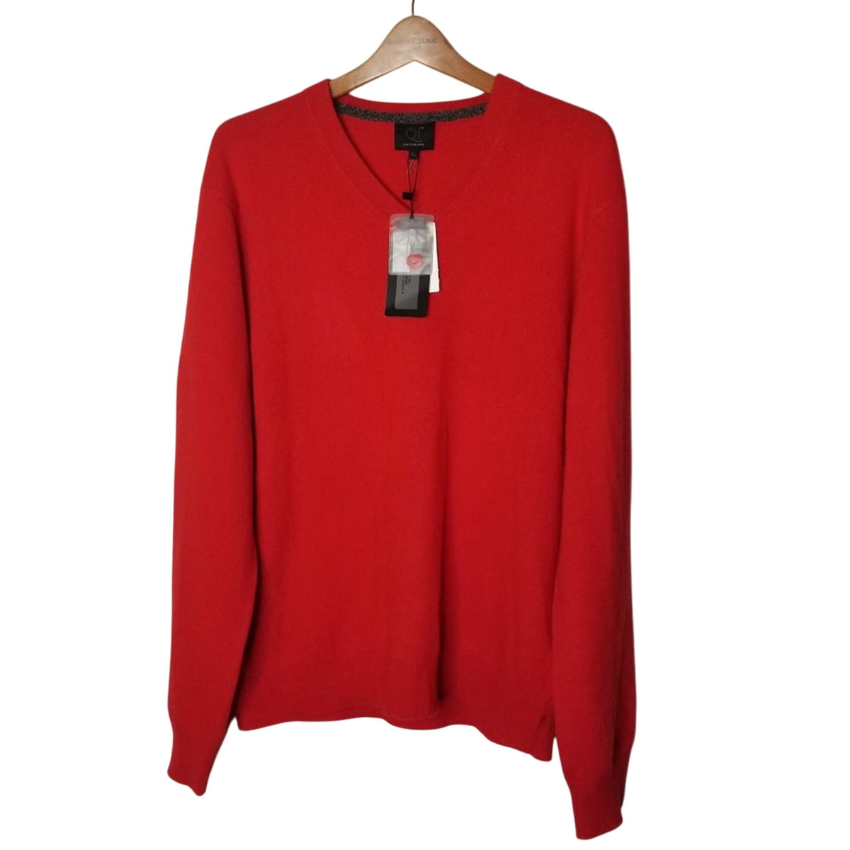 NWT Qi Cashmere Pullover Sweater Long Sleeves V-Neck Ribbed Trim Red X-Large