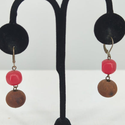 Vintage Red And Brown Beaded Leverback Dangle Earrings Boho