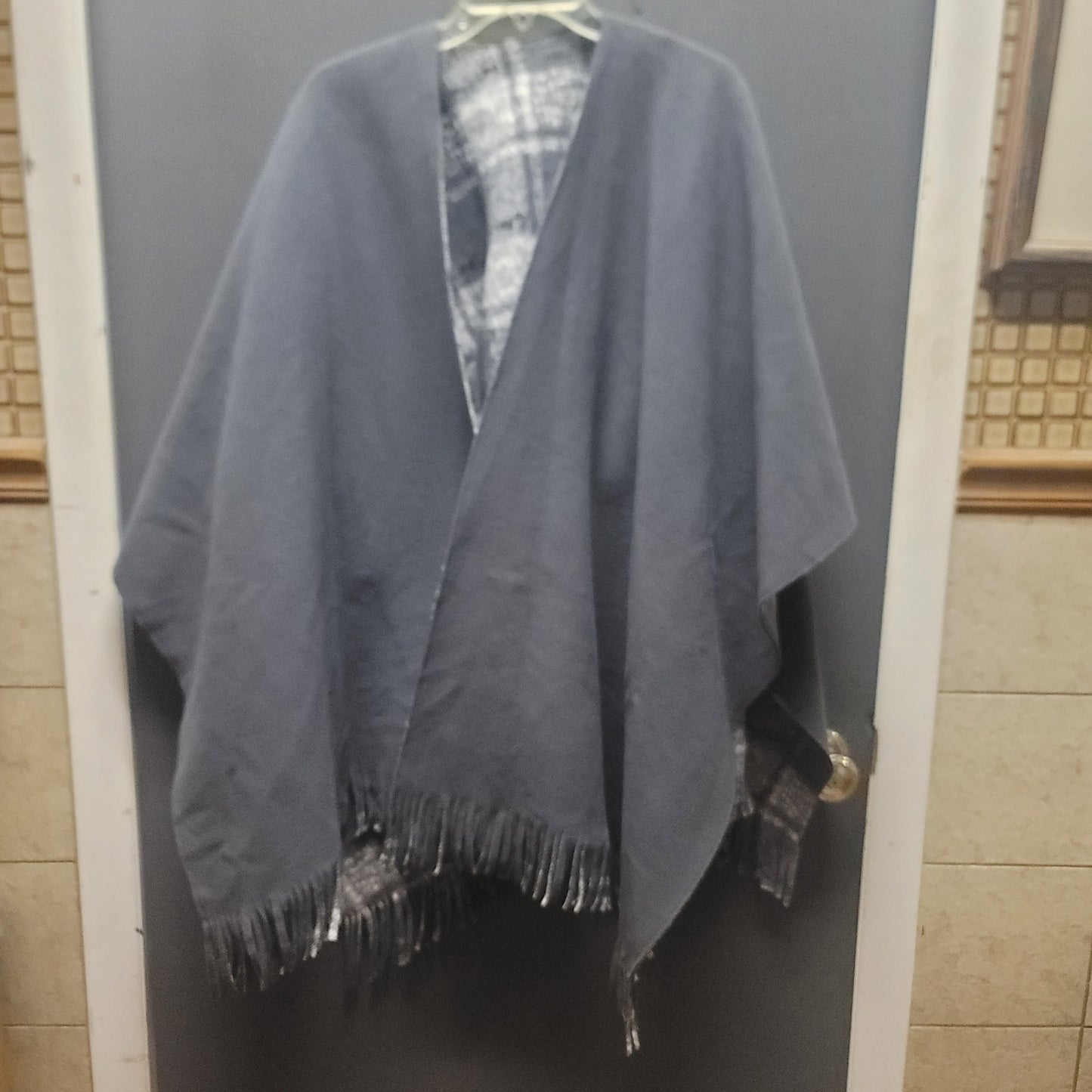 Eivissa Gray Plaid Reversible Wrap Poncho Fringe Trim One Size