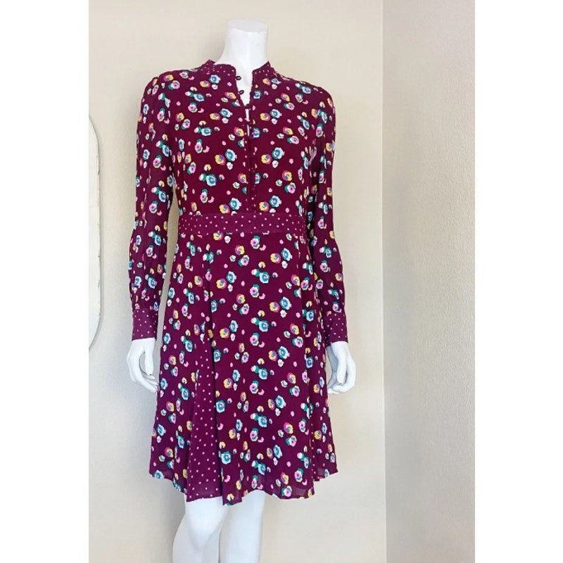 Boden Christina Dress Floral Print Size 6 R Long Sleeve Burgundy Knee Length