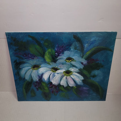Painting Floral 14" x 11" Unframed Signed blue White Purple Daisies Daisy Board