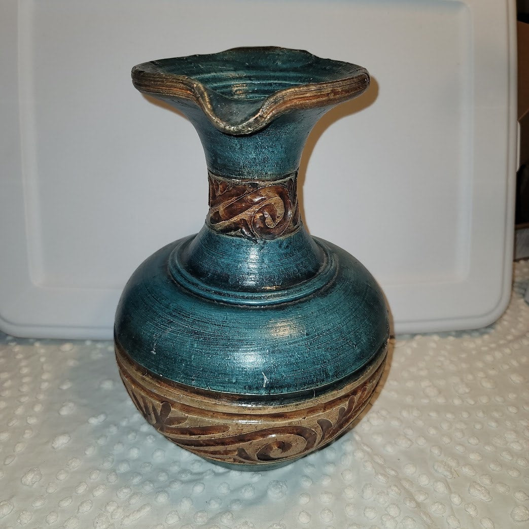 Mexican clay pottery ewer pitcher Teal Gold green Large 12" Tall heavy