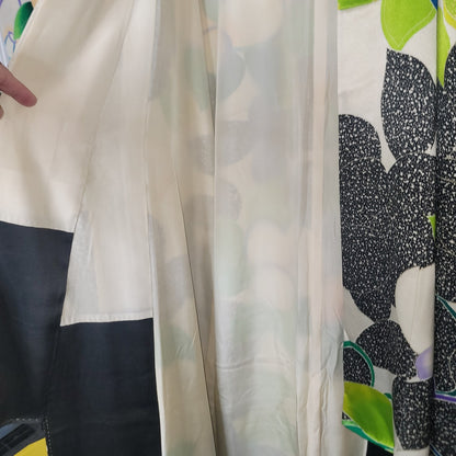 Vintage Silk Furisode (long sleeve) Kimono Robe Black Green White Orange Floral