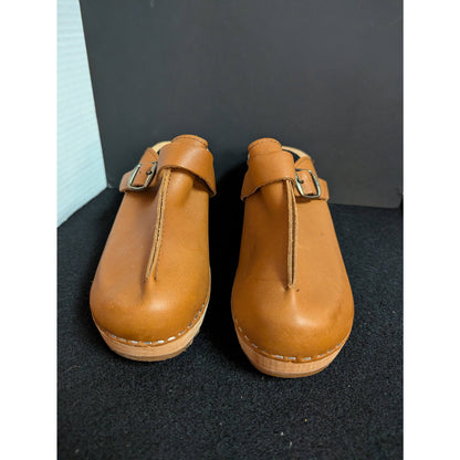 Cape Clogs Swedish Tan Leather Wooden Mule Clogs - EU 38 US 7.5