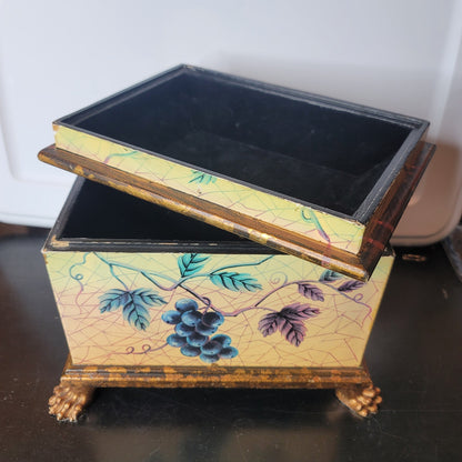 Yellow box footed Floral Chest Organizer Jewelry WhatNots Stash Finial Top