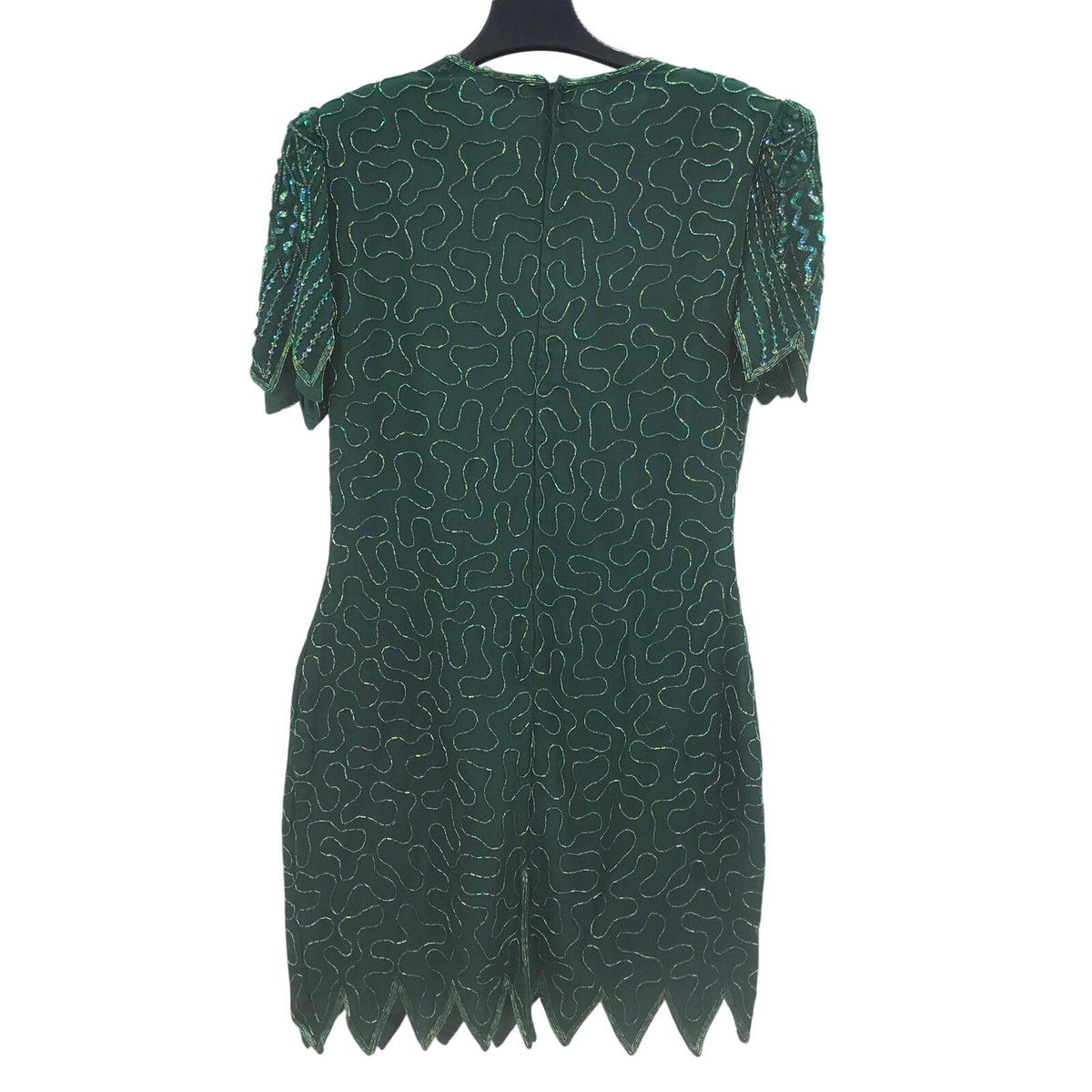 Vintage Denise Elle Sequin Beaded Scalloped Hem Sheath Dress Emerald Green Large