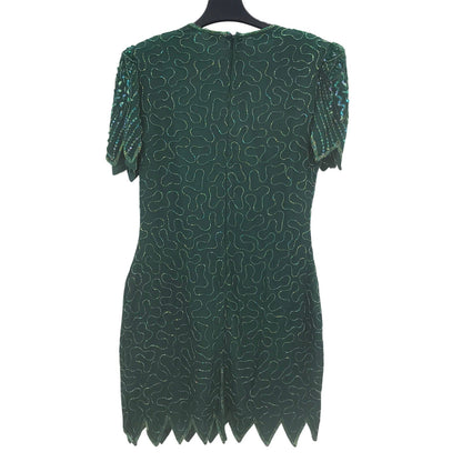 Vintage Denise Elle Sequin Beaded Scalloped Hem Sheath Dress Emerald Green Large