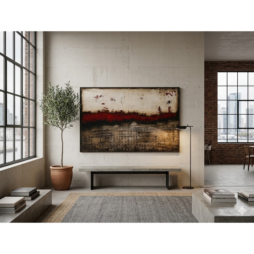 Sarah Brooke Middle of Nowhere Red Ribbon Large Textured Abstract Canvas 60x40