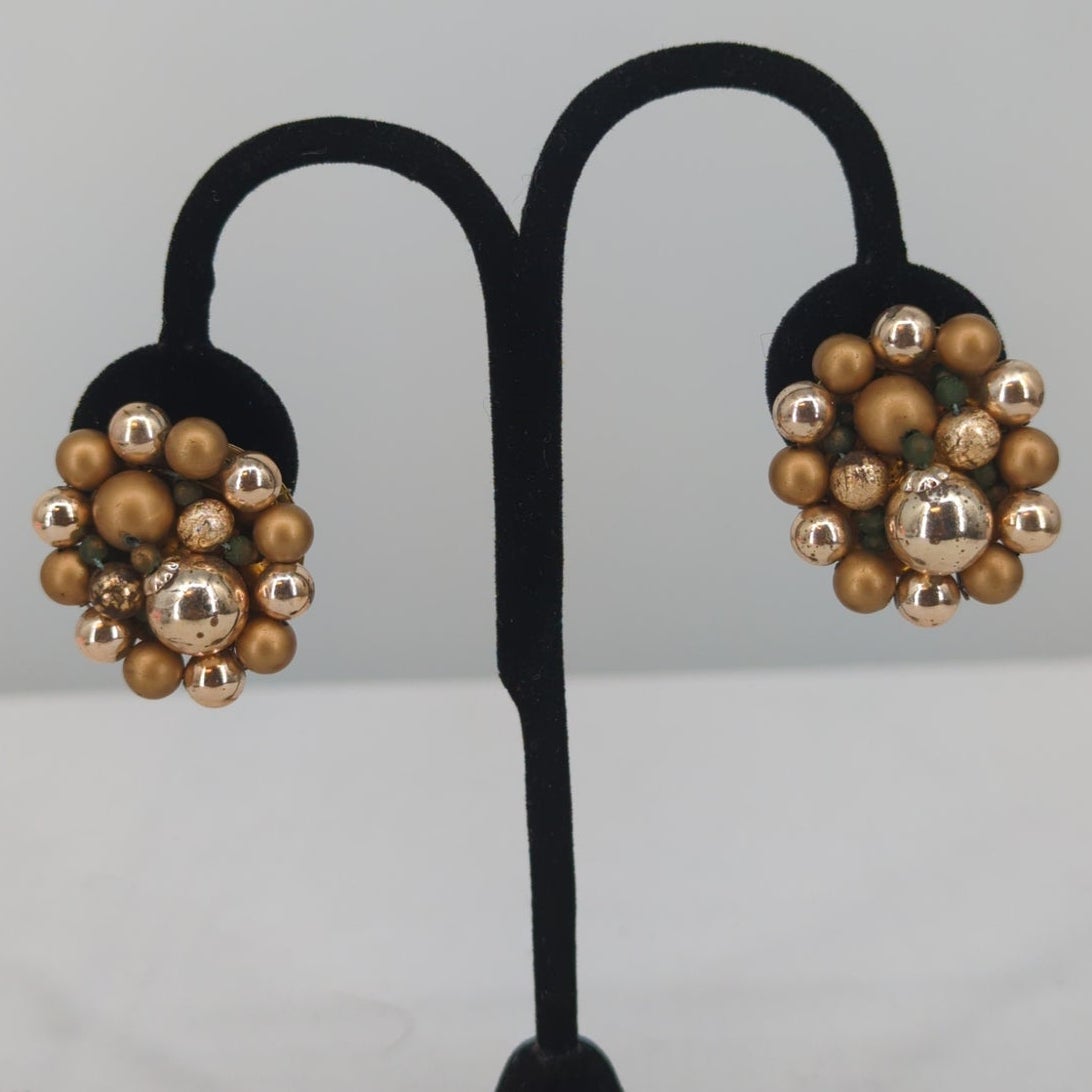 Vintage Mid Century Gold Tone Cluster Bead Clip On Earrings Japan Retro Charming
