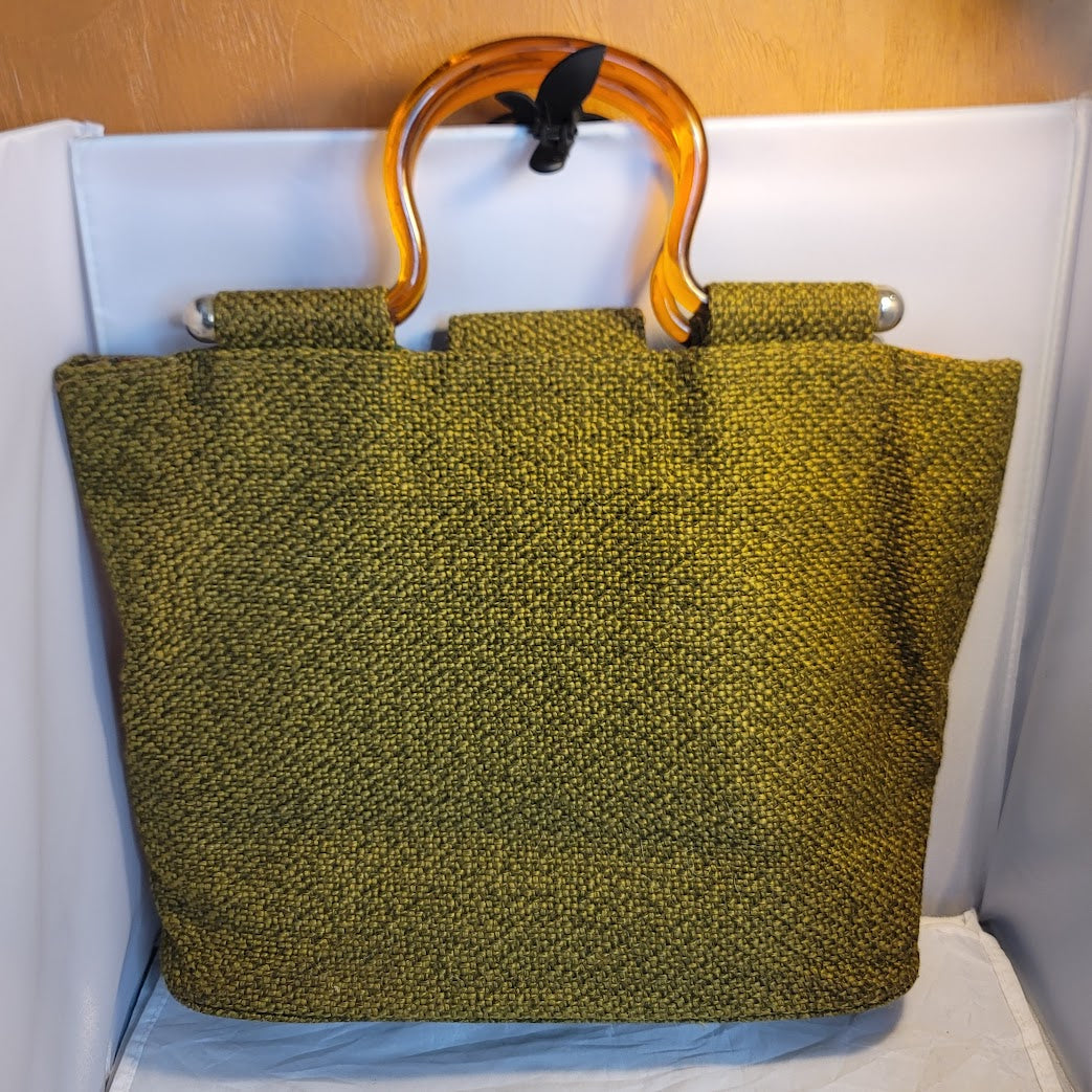 Vintage Woven Avocado Green Tortoise Lucite Handle Twist Lock Purse Bag Tote
