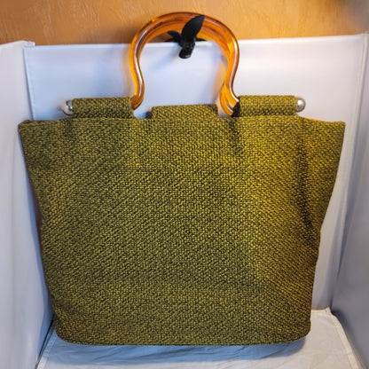 Vintage Woven Avocado Green Tortoise Lucite Handle Twist Lock Purse Bag Tote