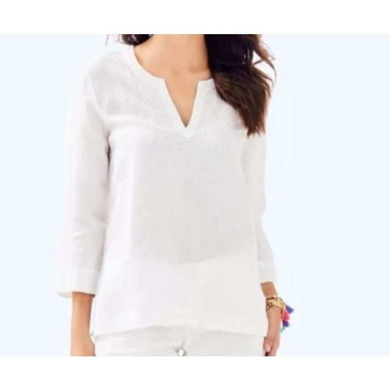 Lilly Pulitzer Amelia Island Summer Linen Tunic Large White Bead Collar Detail