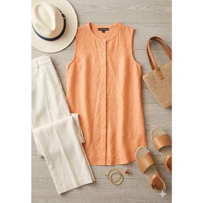 Preston & York Orange 100% Linen Sleeveless Button Up Tunic Blouse Coastal Small