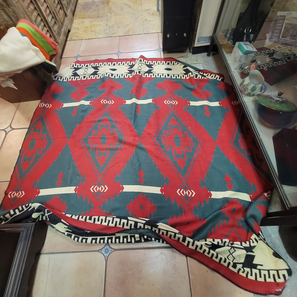 Large Vintage Southwestern Tribal Blanket 70x78 MCM Boho Regency Red Green