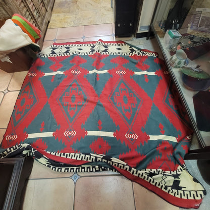Large Vintage Southwestern Tribal Blanket 70x78 MCM Boho Regency Red Green