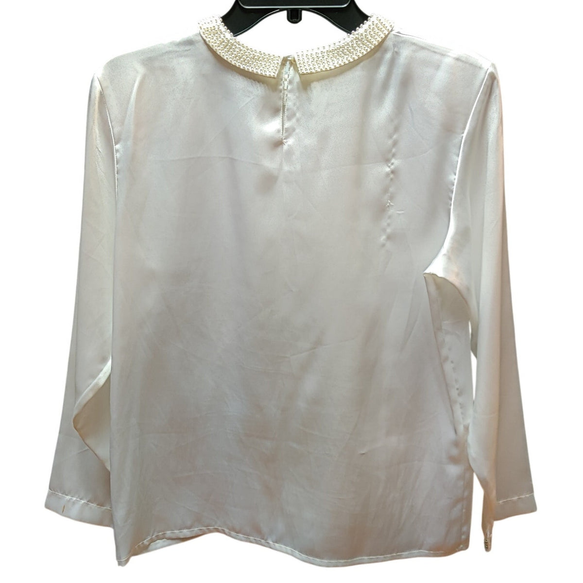 Vintage New Concepts Petite Faux Pearl Collar Satin Blouse Ivory Long Sleeve