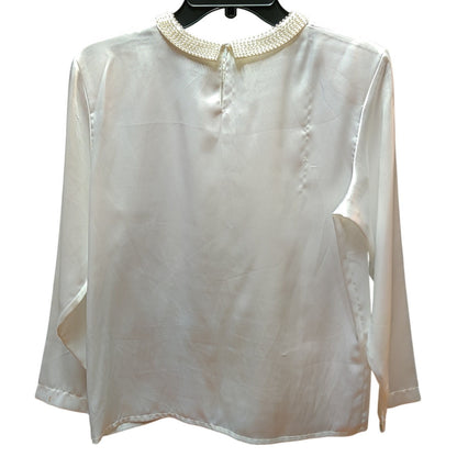 Vintage New Concepts Petite Faux Pearl Collar Satin Blouse Ivory Long Sleeve