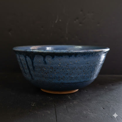 Vintage Blue art pottery bowl drip glaze 3.5" tall stoneware Signed